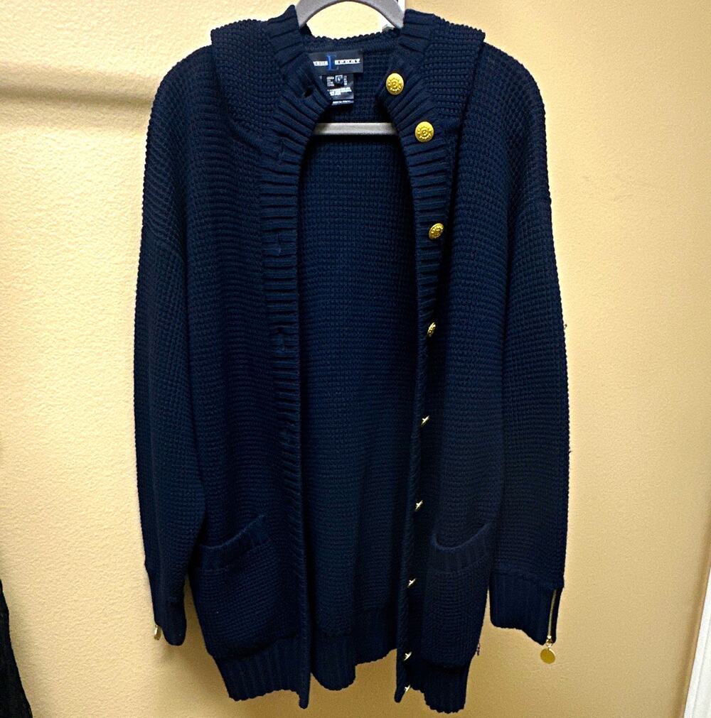 VTG ESCADA SPORT Navy Knit Virgin Wool Hooded Cardigan Gold Buttons SZ Large